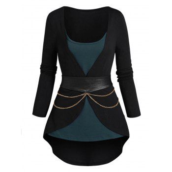 Colorblock Asymmetric Faux Twinset Top Long Sleeve Chain Belted 2 In 1 Top, Black
Colorblock Asymmetric Faux Twinset Top Long Sleeve Chain Belted 2 In 1 Top, Black