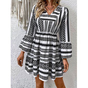 Allover Tribal Stripe Print Mini Dress V Neck Ruffles High Waist Long Sleeve Dress, Black
Allover Tribal Stripe Print Mini Dress V Neck Ruffles High Waist Long Sleeve Dress, Black