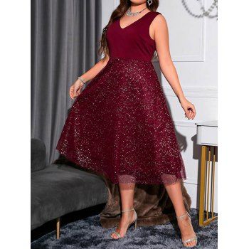 Plus Size Glitter Dots Mesh Overlay Midi Dress Sleeveless V Neck High Waist A Line Dress, Deep red
Plus Size Glitter Dots Mesh Overlay Midi Dress Sleeveless V Neck High Waist A Line Dress, Deep red