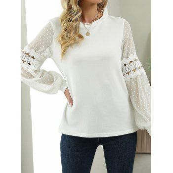 Plain Color Top Swiss Dots Mesh Panel Lace Insert Hollow Out Long Sleeve Top, White
Plain Color Top Swiss Dots Mesh Panel Lace Insert Hollow Out Long Sleeve Top, White