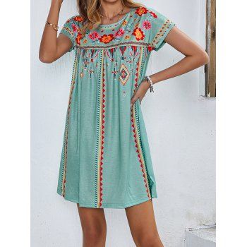 Colored Flower Geometric Printed Dress Round Neck Short Sleeve A Line Mini Dress, Green
Colored Flower Geometric Printed Dress Round Neck Short Sleeve A Line Mini Dress, Green
