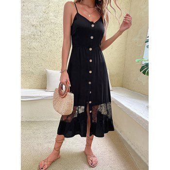 Sheer Floral Lace Panel Button Up Midi Dress Adjustable Spaghetti Strap V Neck Cami Dress, Black
Sheer Floral Lace Panel Button Up Midi Dress Adjustable Spaghetti Strap V Neck Cami Dress, Black
