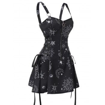 Sun Star Print Dress Half Zipper Lace Up High Waisted Strap A Line Mini Dress, Black
Sun Star Print Dress Half Zipper Lace Up High Waisted Strap A Line Mini Dress, Black
