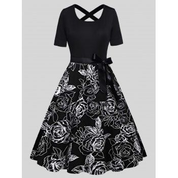Rose Print Dress Belted High Waisted Crisscross Short Sleeve A Line Midi Dress, Black
Rose Print Dress Belted High Waisted Crisscross Short Sleeve A Line Midi Dress, Black