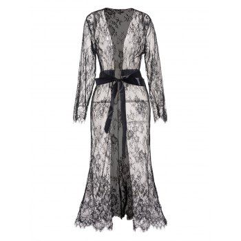 See Thru Flower Mesh Maxi Lingerie Dress Open Front Belted Long Sleeve Lingerie Dress, Black
See Thru Flower Mesh Maxi Lingerie Dress Open Front Belted Long Sleeve Lingerie Dress, Black