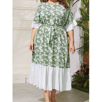 Plus Size Dress Contrast Colorblock Leaf Print Belted High Waisted Half Sleeve A Line Midi Dress, Green
Plus Size Dress Contrast Colorblock Leaf Print Belted High Waisted Half Sleeve A Line Midi Dress, Green