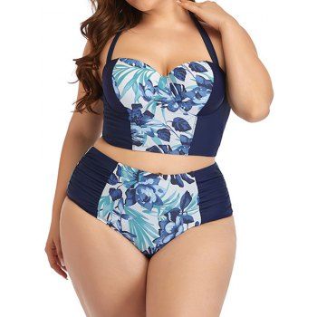 Plus Size Tropical Leaf Print Underwire Tankini Swimsuit Lace Up Halter Tankini Two Piece Swimwear High Waist Bathing Suit, Deep blue
Plus Size Tropical Leaf Print Underwire Tankini Swimsuit Lace Up Halter Tankini Two Piece Swimwear High Waist Bathing Suit, Deep blue