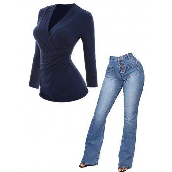 Ruched Crossover Plunging Neck Long Sleeve Top And Button Fly Patch Pockets Flare Jeans Outfit, Blue
Ruched Crossover Plunging Neck Long Sleeve Top And Button Fly Patch Pockets Flare Jeans Outfit, Blue