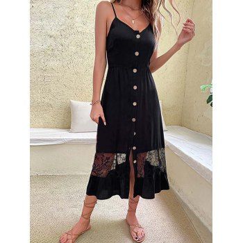 Flower Lace Panel Dress Hollow Out Plain Color Button Up High Waisted A Line Midi Dress, Black
Flower Lace Panel Dress Hollow Out Plain Color Button Up High Waisted A Line Midi Dress, Black