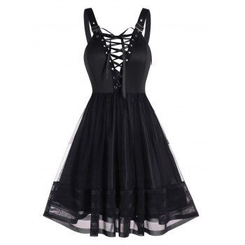 Lace Up Mesh Overlay A Line Dress Adjustable Buckle Strap Sleeveless Dress, Black
Lace Up Mesh Overlay A Line Dress Adjustable Buckle Strap Sleeveless Dress, Black