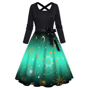 Celestial Sun Moon Star Galaxy Print Long Sleeve Dress Bowknot Cross High Waist A Line Dress, Green
Celestial Sun Moon Star Galaxy Print Long Sleeve Dress Bowknot Cross High Waist A Line Dress, Green