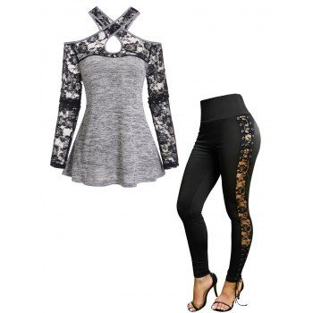 Cold Shoulder Flower Lace Panel Crossover Heathered Top And Lace Up Grommet Leggings Casual Outfit, Multicolor
Cold Shoulder Flower Lace Panel Crossover Heathered Top And Lace Up Grommet Leggings Casual Outfit, Multicolor