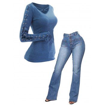 Lace Up Long Sleeve O Ring V Neck T Shirt And Dark Wash Button Fly Patch Pockets Flare Jeans Casual Outfit, Blue
Lace Up Long Sleeve O Ring V Neck T Shirt And Dark Wash Button Fly Patch Pockets Flare Jeans Casual Outfit, Blue