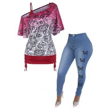 Cinched Cami Top Rose Print Skew Neck T Shirt And Butterfly Print Zipper Fly Pockets High Waisted Skinny Jeans Casual Outfit, Multicolor
Cinched Cami Top Rose Print Skew Neck T Shirt And Butterfly Print Zipper Fly Pockets High Waisted Skinny Jeans Casual Outfit, Multicolor