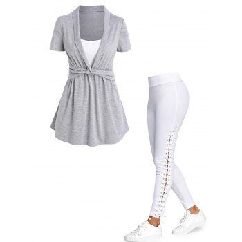 Colorblock Twisted Fold Over Heather Short Sleeve T Shirt And Lace Up Solid Color Pants Outfit, Multicolor
Colorblock Twisted Fold Over Heather Short Sleeve T Shirt And Lace Up Solid Color Pants Outfit, Multicolor