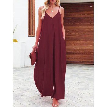 Plain Color Jumpsuit Tid Back Side Pockets Sleeveless V Neck Wide Leg Jumpsuit, Red
Plain Color Jumpsuit Tid Back Side Pockets Sleeveless V Neck Wide Leg Jumpsuit, Red