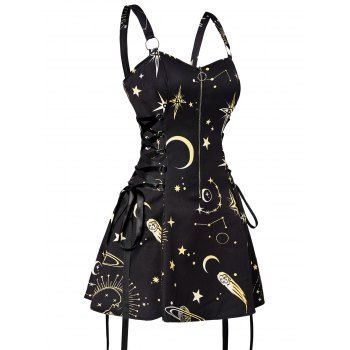 Sun Star Print Dress Half Zipper Lace Up High Waisted Strap A Line Mini Dress, Golden
Sun Star Print Dress Half Zipper Lace Up High Waisted Strap A Line Mini Dress, Golden