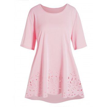 Plus Size Solid Color Hollow Out Floral T-shirt Short Sleeve Scalloped Hem Curve Tee, Light pink
Plus Size Solid Color Hollow Out Floral T-shirt Short Sleeve Scalloped Hem Curve Tee, Light pink