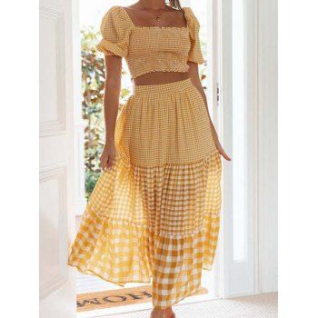 Plaid Matching Set Shirred Puff Sleeve Square Neck Crop Top And Tiered Maxi Skirt Set, Yellow
Plaid Matching Set Shirred Puff Sleeve Square Neck Crop Top And Tiered Maxi Skirt Set, Yellow