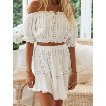 Off The Shoulder Swiss Dots Hollow Lace Panel Puff Sleeve Top And Skirt Two Piece Set, White
Off The Shoulder Swiss Dots Hollow Lace Panel Puff Sleeve Top And Skirt Two Piece Set, White