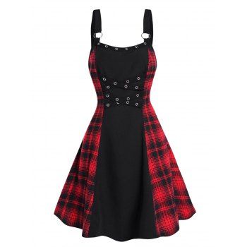 Colorblock Dress Plaid Print Panel Crossover Grommet Sleeveless High Waisted A Line Mini Dress, Black
Colorblock Dress Plaid Print Panel Crossover Grommet Sleeveless High Waisted A Line Mini Dress, Black