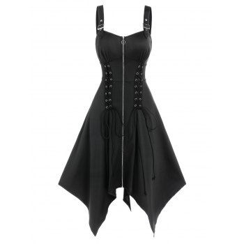 Gothic Dress Zipper Front Grommet Lace Up Midi Dress Adjustable Strap Empire Waist Handkerchief Dress, Black
Gothic Dress Zipper Front Grommet Lace Up Midi Dress Adjustable Strap Empire Waist Handkerchief Dress, Black