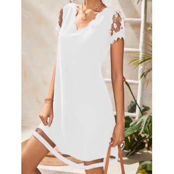 Flower Lace Panel Dress Plain Color Scalloped V Neck Short Sleeve A Line Mini Dress, White
Flower Lace Panel Dress Plain Color Scalloped V Neck Short Sleeve A Line Mini Dress, White