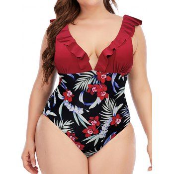 Plus Size Tropical Flower Leaf Print One-piece Swimsuit Ruffles Padded Plunging Neck Modest Swimsuit, Deep red
Plus Size Tropical Flower Leaf Print One-piece Swimsuit Ruffles Padded Plunging Neck Modest Swimsuit, Deep red