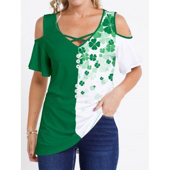 Contrast Colorblock Four Leaves Print T-shirt Cold Shoulder Crisscross V Neck Short Sleeve Tee, Green
Contrast Colorblock Four Leaves Print T-shirt Cold Shoulder Crisscross V Neck Short Sleeve Tee, Green