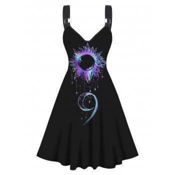 Sun Moon Star Print Dress Sleeveless O-ring Strap High Waisted A Line Midi Dress, Black
Sun Moon Star Print Dress Sleeveless O-ring Strap High Waisted A Line Midi Dress, Black