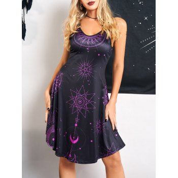 Celestial Moon Star Print A Line Dress Sleeveless O Ring Strap V Neck High Waist Dress, Black
Celestial Moon Star Print A Line Dress Sleeveless O Ring Strap V Neck High Waist Dress, Black