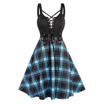 Plaid Print Dress Lace Up Buckle Strap Grommet High Waisted A Line Mini Dress, Black
Plaid Print Dress Lace Up Buckle Strap Grommet High Waisted A Line Mini Dress, Black
