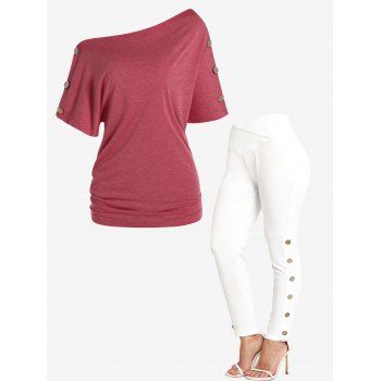 Solid Color Mock Button Off The Shoulder T-shirt And Crossover Elastic Waist Leggings Outfit, Multicolor
Solid Color Mock Button Off The Shoulder T-shirt And Crossover Elastic Waist Leggings Outfit, Multicolor