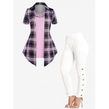 Crisscross Plaid Print Mock Button Faux Twinset T Shirt And Crossover Leggings Casual Outfit, Multicolor
Crisscross Plaid Print Mock Button Faux Twinset T Shirt And Crossover Leggings Casual Outfit, Multicolor