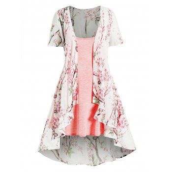 

Plus Size Dress Allover Flower Print Sheer Asymmetric Short Sleeve Longline Top And Spaghetti Strap High Waist A Line Cami Dress Set, Light pink