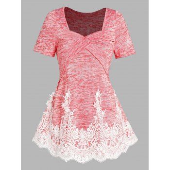 Contrast Lace Guipure Heathered T-shirt Crossover Sweetheart Neck Short Sleeve Tee, Light pink 
Contrast Lace Guipure Heathered T-shirt Crossover Sweetheart Neck Short Sleeve Tee, Light pink