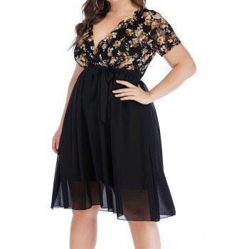 Plus Size Dress Flower Print Mesh Surplice Belted High Waisted A Line Mini Vacation Dress, Black
Plus Size Dress Flower Print Mesh Surplice Belted High Waisted A Line Mini Vacation Dress, Black