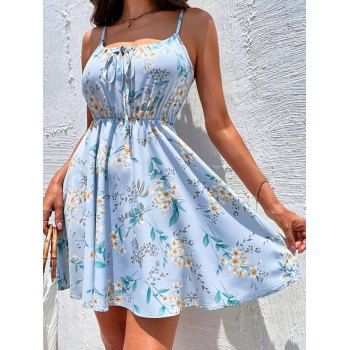 Flower Leaf Print Sundress Knot Tie Notched Spaghetti Strap High Waist Mini Dress, Light blue
Flower Leaf Print Sundress Knot Tie Notched Spaghetti Strap High Waist Mini Dress, Light blue
