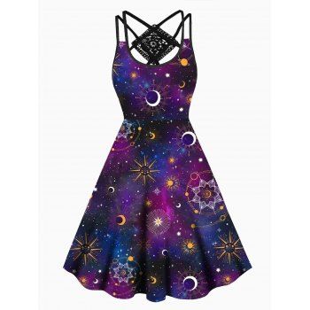 Celestial Galaxy Sun Moon Star Print Dress Lace Panel Crisscross High Waisted Sleeveless A Line Midi Dress, Concord
Celestial Galaxy Sun Moon Star Print Dress Lace Panel Crisscross High Waisted Sleeveless A Line Midi Dress, Concord