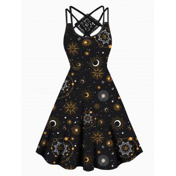 Celestial Galaxy Sun Moon Star Print Dress Lace Panel Crisscross High Waisted Sleeveless A Line Midi Dress, Black
Celestial Galaxy Sun Moon Star Print Dress Lace Panel Crisscross High Waisted Sleeveless A Line Midi Dress, Black
