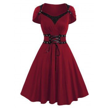 Gothic Dress Solid Color Grommet Lace Up Lace Panel High Waisted Dress Surplice A Line Mini Dress, Deep red
Gothic Dress Solid Color Grommet Lace Up Lace Panel High Waisted Dress Surplice A Line Mini Dress, Deep red