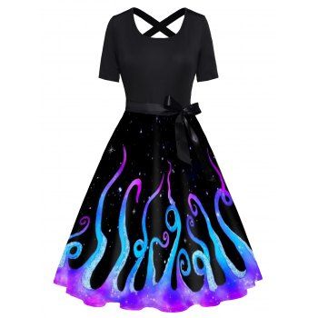 Galaxy Octopus Print Short Sleeve Dress Bowknot Cross High Waist A Line Dress, Black
Galaxy Octopus Print Short Sleeve Dress Bowknot Cross High Waist A Line Dress, Black