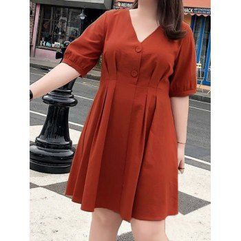 Plain Color Dress Mock Button V Neck Short Sleeve High Waisted A Line Mini Dress, Red
Plain Color Dress Mock Button V Neck Short Sleeve High Waisted A Line Mini Dress, Red