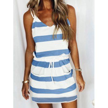 Contrasting Stripe Print Mini Dress Shoulder Tie Knot Drawstring Pockets V Neck Casual Dress, Multicolor a
Contrasting Stripe Print Mini Dress Shoulder Tie Knot Drawstring Pockets V Neck Casual Dress, Multicolor a