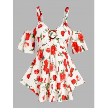 Plus Size & Curve Blouse Flower Print V Neck Long Blouse Cold Shoulder Asymmetric Blouse, White
Plus Size & Curve Blouse Flower Print V Neck Long Blouse Cold Shoulder Asymmetric Blouse, White