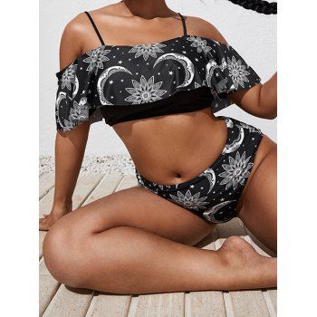 

Plus Size Vacation Tankini Swimsuit Celestial Moon Flower Star Print Swimwear Flounce Bathing Suit, Black