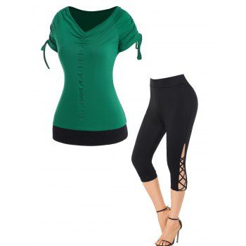 Colorblock Panel Ripped V Neck Cinched Short Sleeve T-shirt And Solid Color Lattice Capri Leggings Outfit, Multicolor
Colorblock Panel Ripped V Neck Cinched Short Sleeve T-shirt And Solid Color Lattice Capri Leggings Outfit, Multicolor
