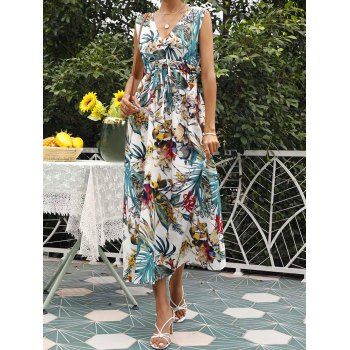 Tropical Flower Leaf Print Vacation Dress Plunge Drawstring High Waist Midi Beach Dress, White
Tropical Flower Leaf Print Vacation Dress Plunge Drawstring High Waist Midi Beach Dress, White