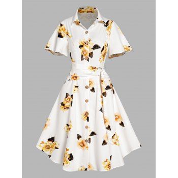 Flower Print Vacation Shirt Dress Short Sleeve O Ring Self-belt Button Up Dress, White
Flower Print Vacation Shirt Dress Short Sleeve O Ring Self-belt Button Up Dress, White