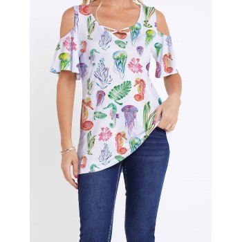 Cute Marine Life Print T Shirt Crisscross V Neck Cold Shoulder Casual Long Tee, White
Cute Marine Life Print T Shirt Crisscross V Neck Cold Shoulder Casual Long Tee, White